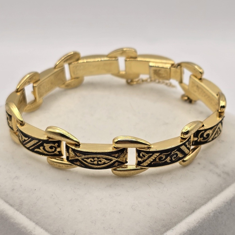 Vintage Spanish Damascene Link Bracelet - Black & Gold with Safety Chain - Picture 4 of 12